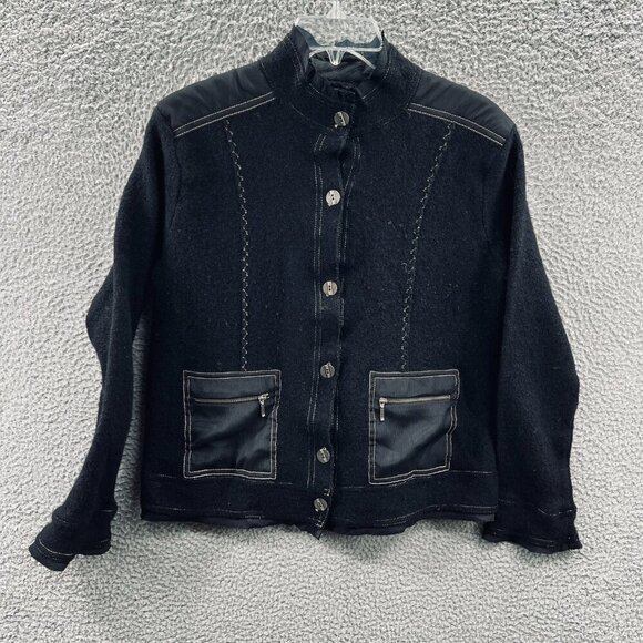 Chicos Womens Wool‎ Jacket Large Black Military Minimalist Structured Outerwear - Picture 1 of 8
